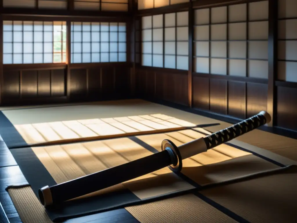 Un dojo japonés tradicional con un sable samurái en un soporte, la luz solar ilumina el suelo de madera