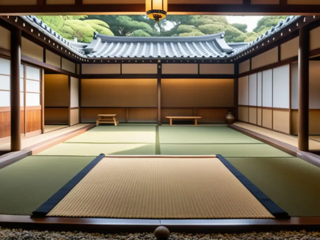 Un dojo japonés tradicional con un jardín sereno, samuráis practicando artes marciales en un ambiente tranquilo