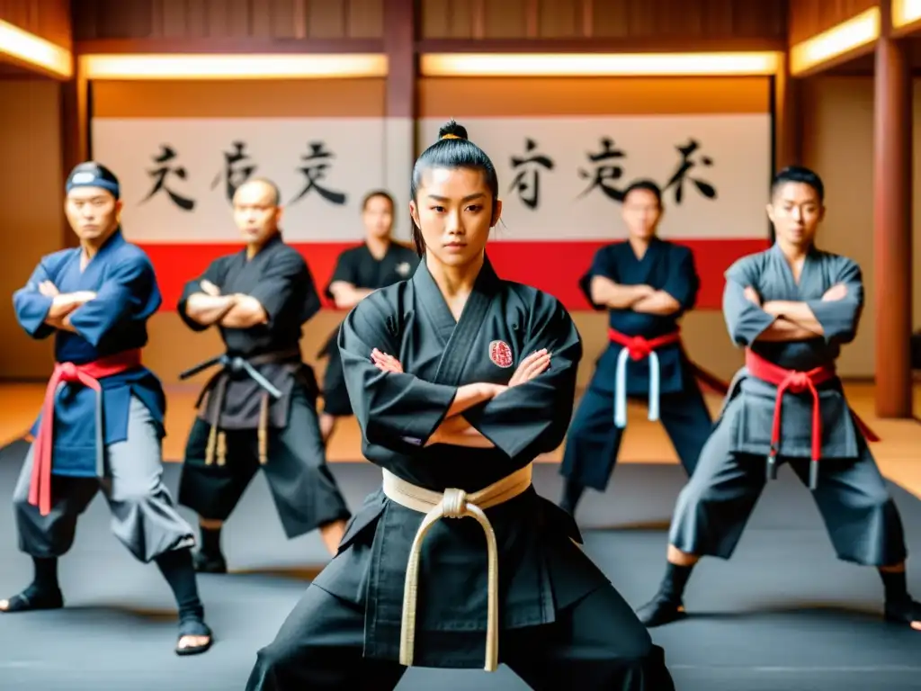 Un dojo moderno de Ninjutsu, con practicantes vestidos de ninja, mostrando concentración y disciplina