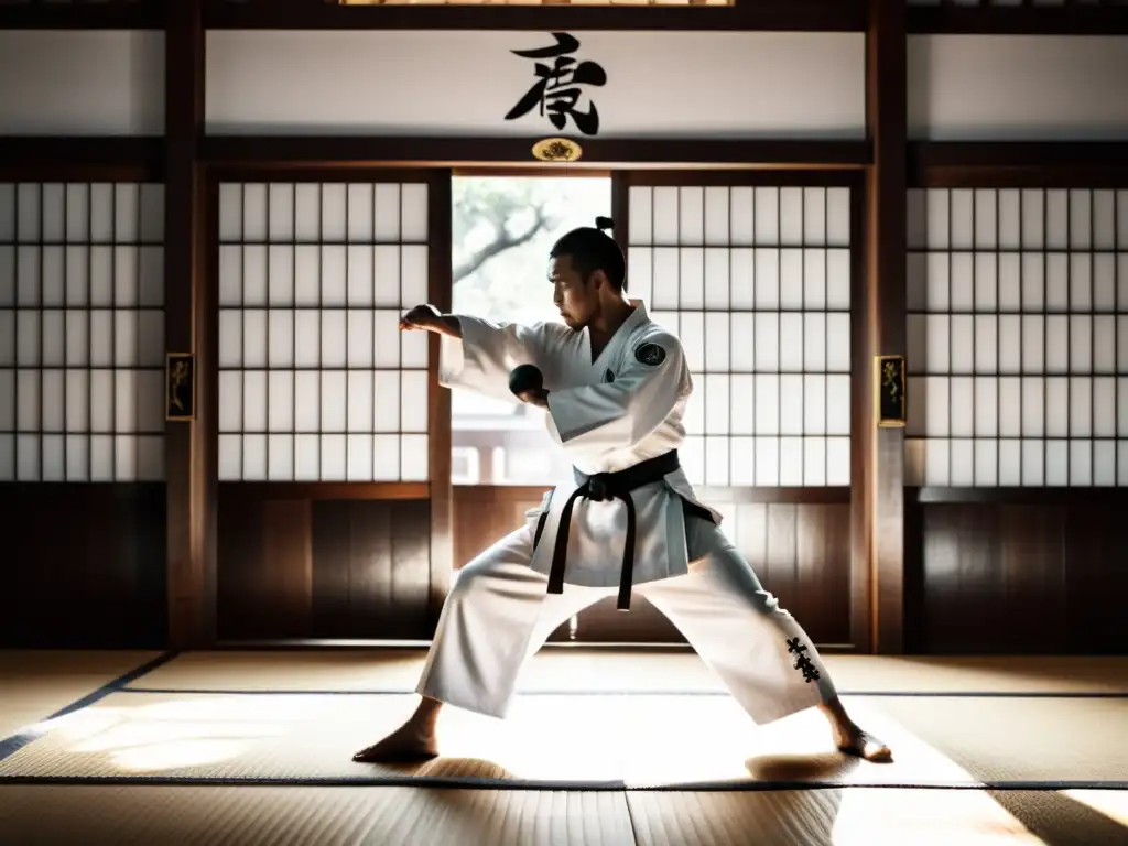 Un dojo de karate tradicional en Okinawa, con un artista marcial ejecutando una kata