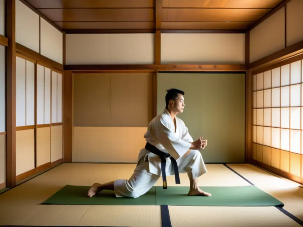 Un dojo sereno con arquitectura japonesa tradicional, maestro de Yoseikan Budo realiza kata, alumnos atentos