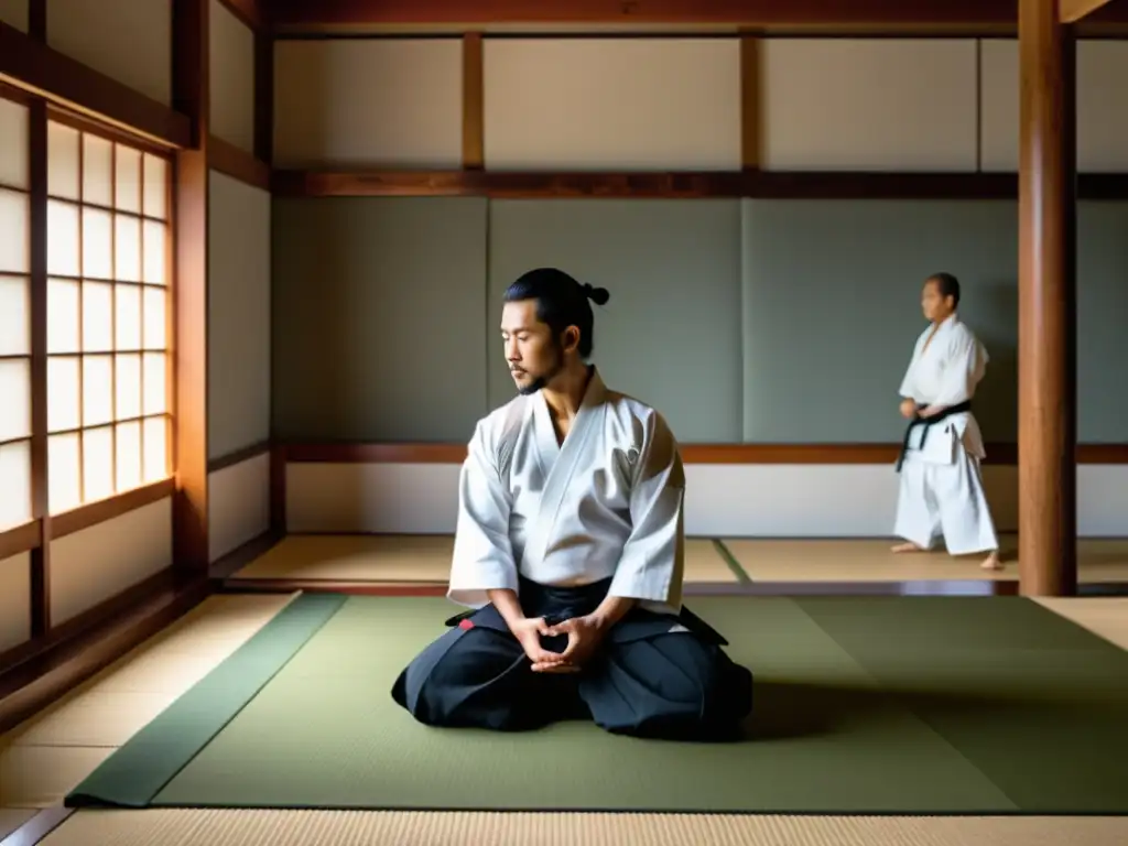 Un dojo sereno iluminado con luz natural, donde un maestro ejecuta una técnica elegante de Aikido