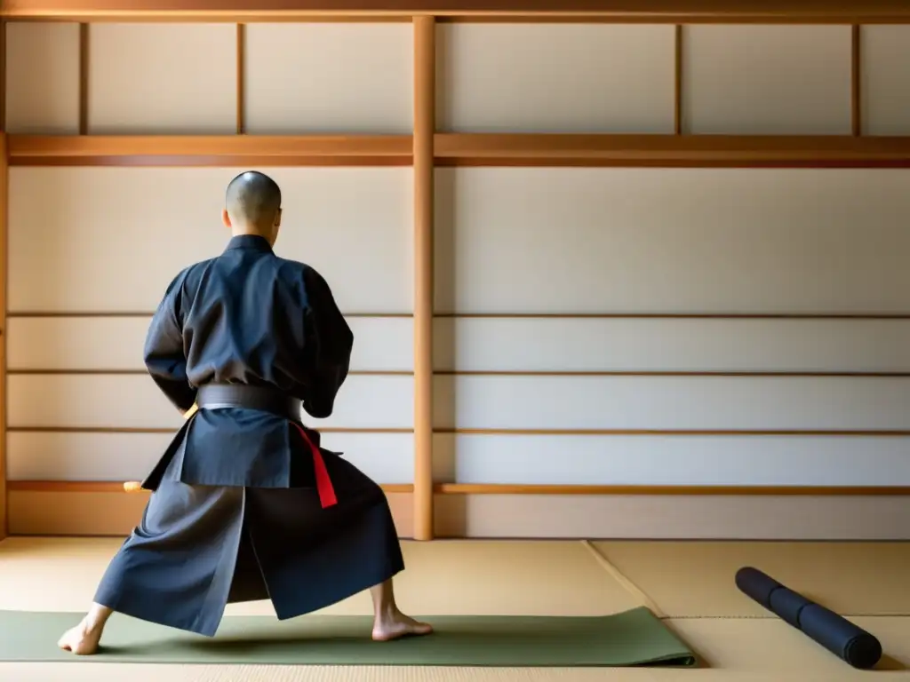 Un dojo sereno iluminado por luz natural, donde practicantes de Aikido en uniformes blancos se mueven con gracia y armonía