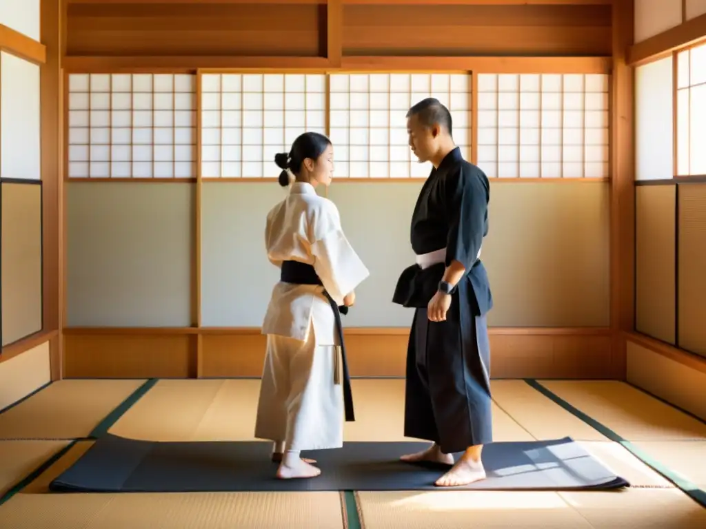 Un dojo sereno iluminado por el sol donde un sensei y un estudiante practican aikido, reflejando principios de armonía y resolución pacífica