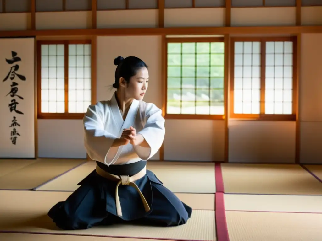 En un dojo sereno, la luz natural ilumina a los estudiantes de Aikido, mientras el sensei demuestra técnicas