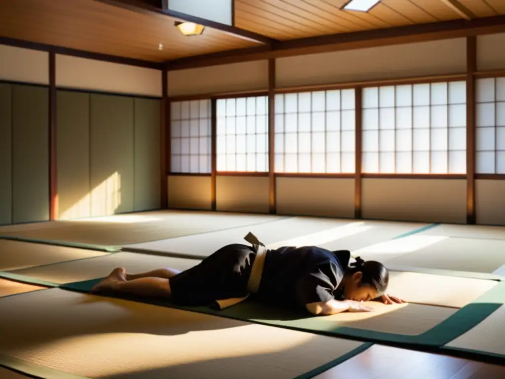 Un dojo sereno con practicantes de Aikido en interacción armoniosa, reflejando la filosofía de vida en Aikido