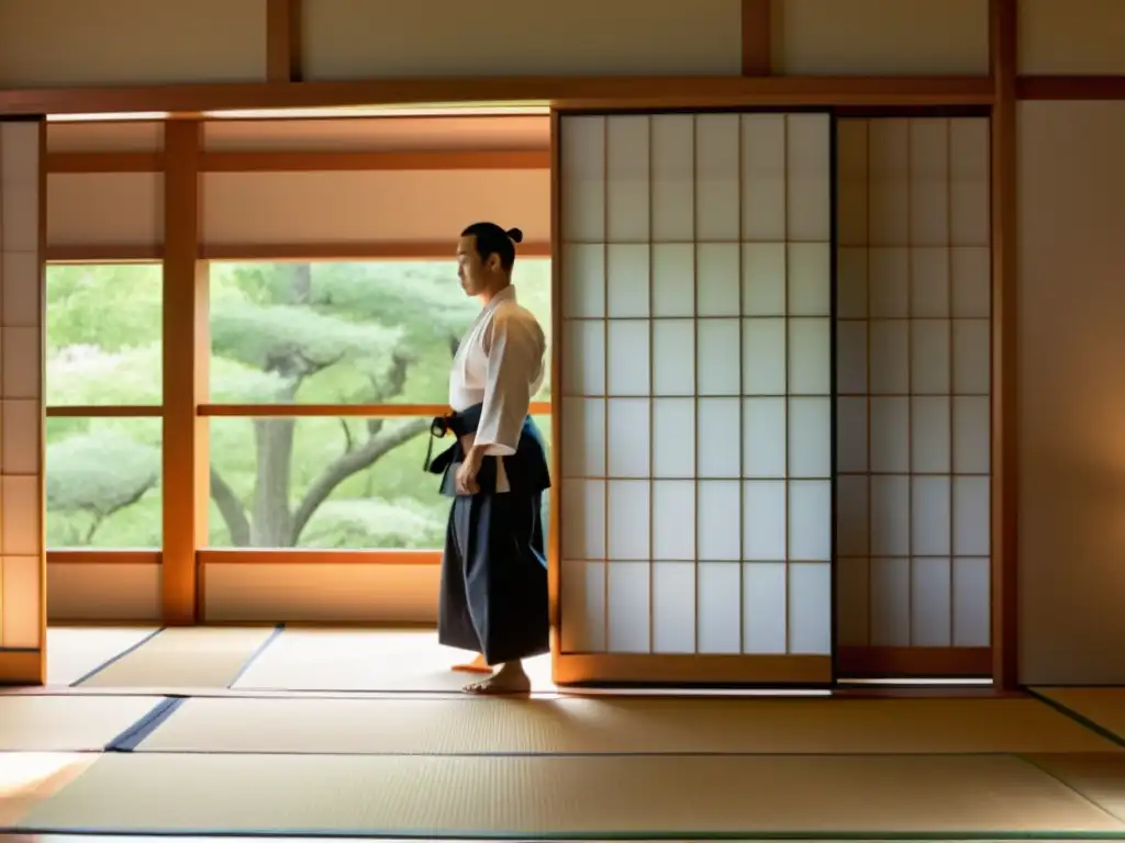 Un dojo sereno con practicantes de Aikido en armonía, reflejando la filosofía de paz y equilibrio