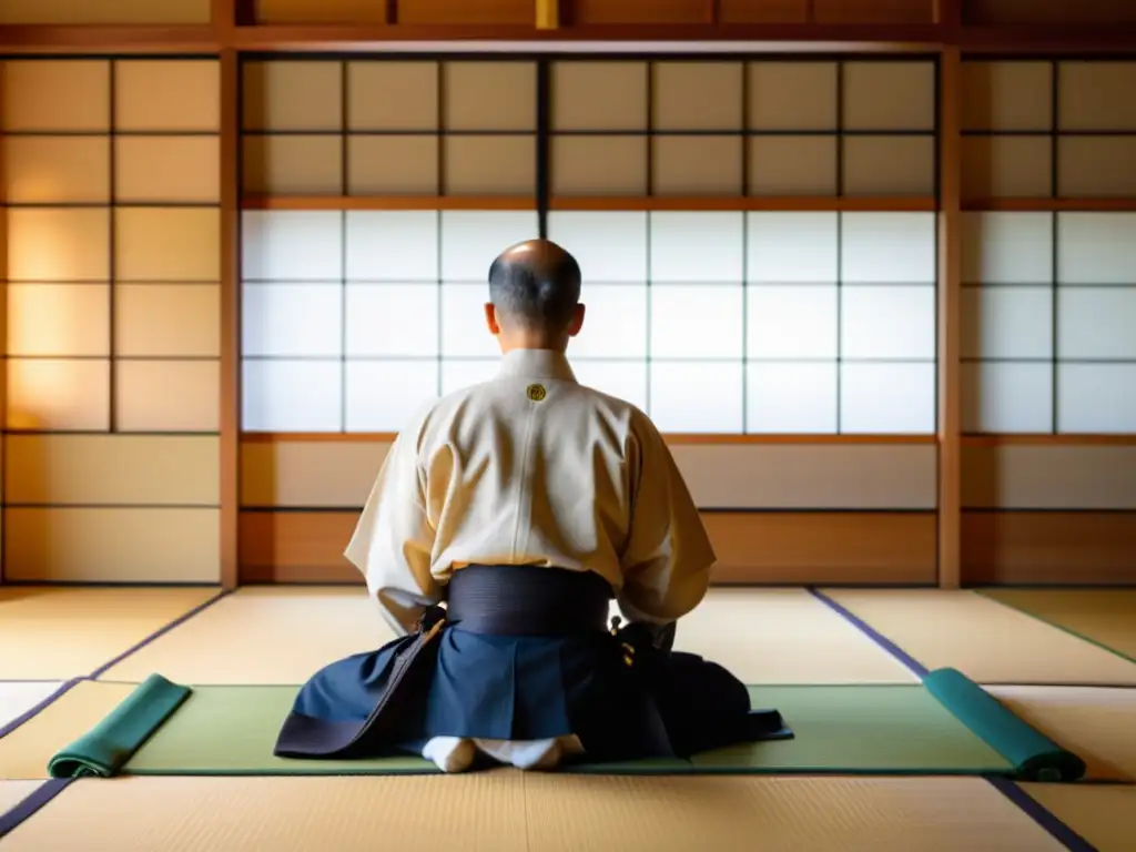 Un dojo sereno al amanecer, con un sensei realizando una fluida técnica de Aikido