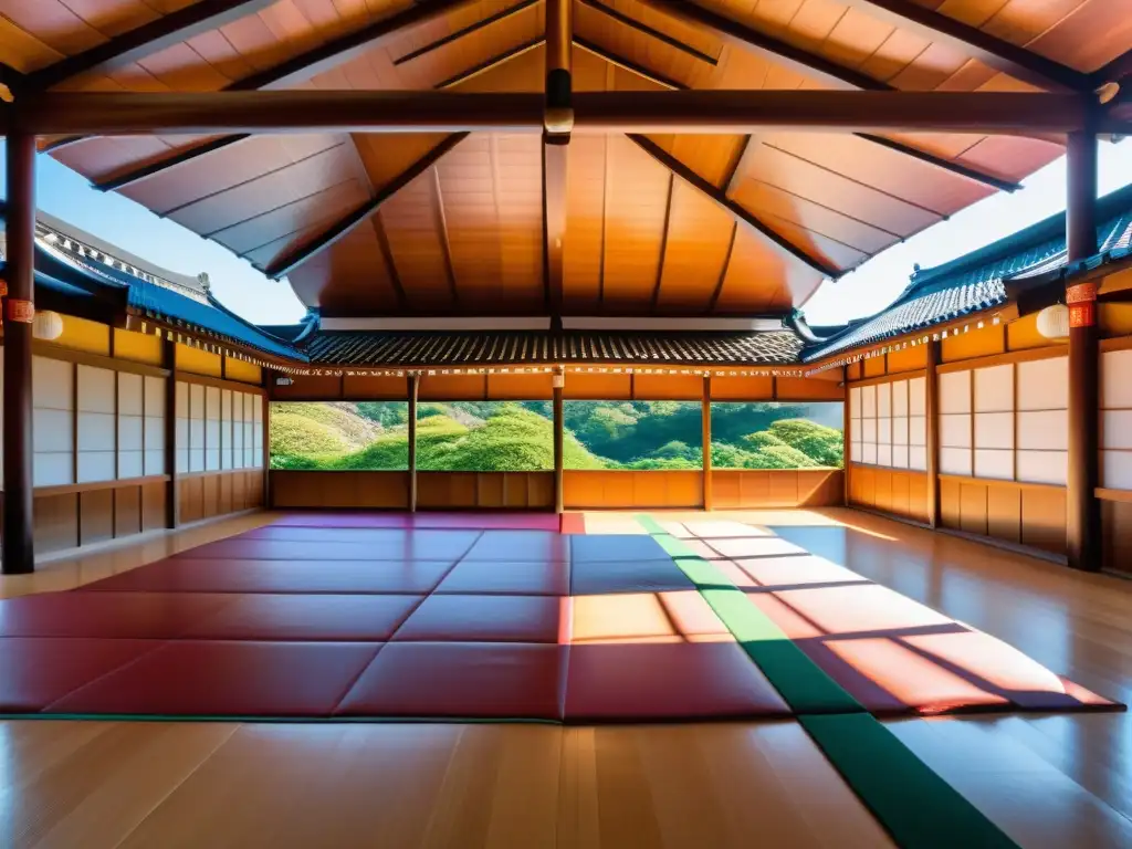 Un dojo tradicional de artes marciales en el campo japonés, con practicantes de gi blanco y cerezos en flor