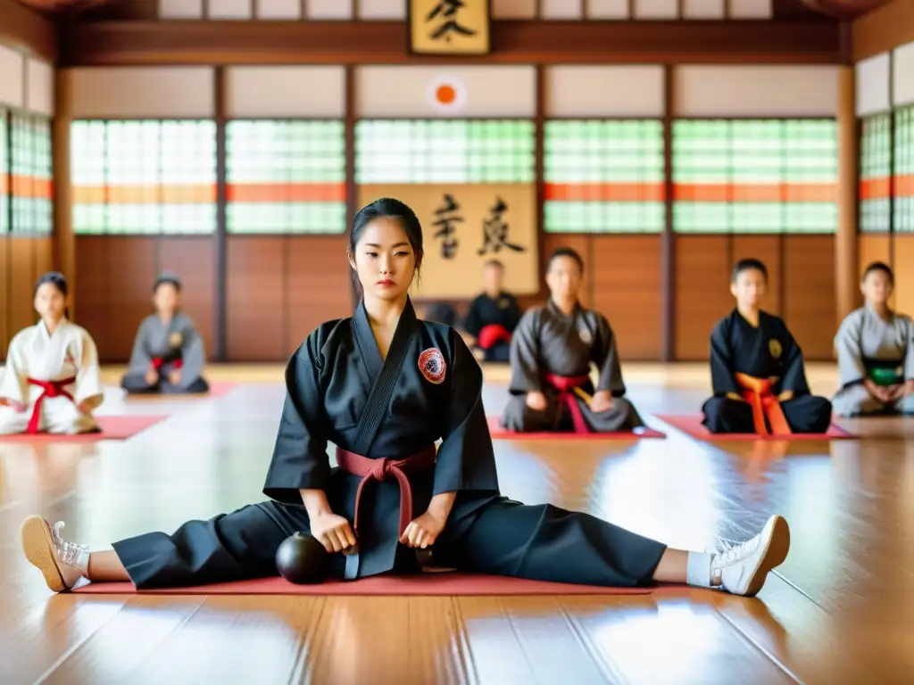 Un dojo tradicional de artes marciales asiáticas con estudiantes practicando formas disciplinadas bajo la guía de un instructor