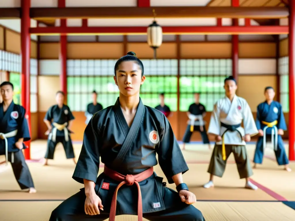 Un dojo tradicional en Asia con estudiantes practicando artes marciales bajo la guía de un maestro