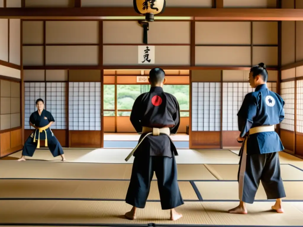 Un dojo tradicional japonés con artistas marciales en un intenso combate, reflejando el impacto de la Era Meiji en las artes marciales japonesas