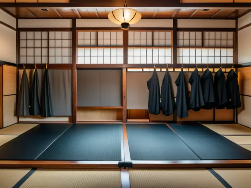 Un dojo tradicional japonés de la Era Meiji con artistas marciales entrenando con precisión y disciplina