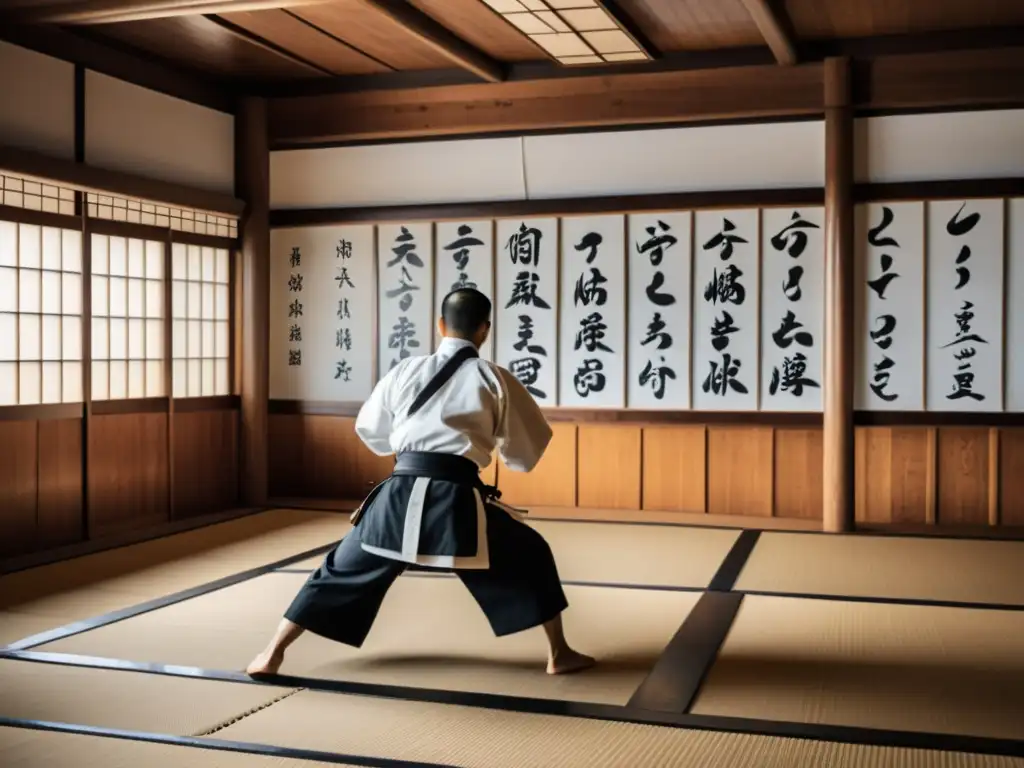 Un dojo tradicional en Japón con un sensei y estudiantes practicando artes marciales