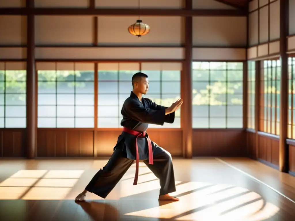 Un dojo tranquilo con un maestro de artes marciales practicando tai chi, rodeado de armas tradicionales