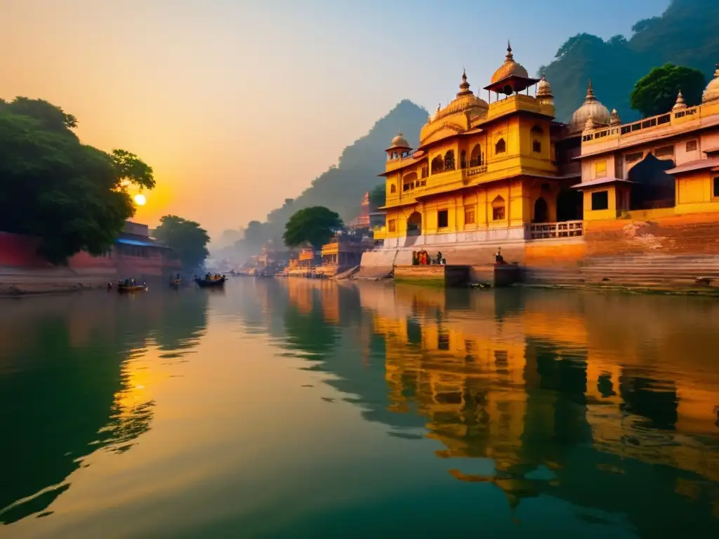 Amanecer dorado en el sagrado río Ganges, reflejando la esencia de La NoDualidad en el Advaita Vedanta