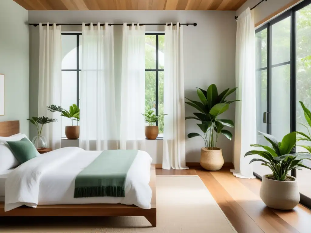 Un dormitorio sereno y minimalista con luz natural suave y elementos decorativos que invitan a integrar el Feng Shui para la salud