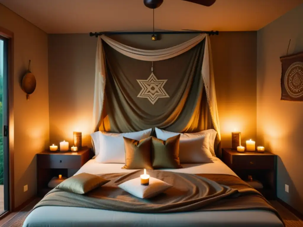 Un dormitorio tranquilo iluminado por suave luz dorada, con un altar de meditación