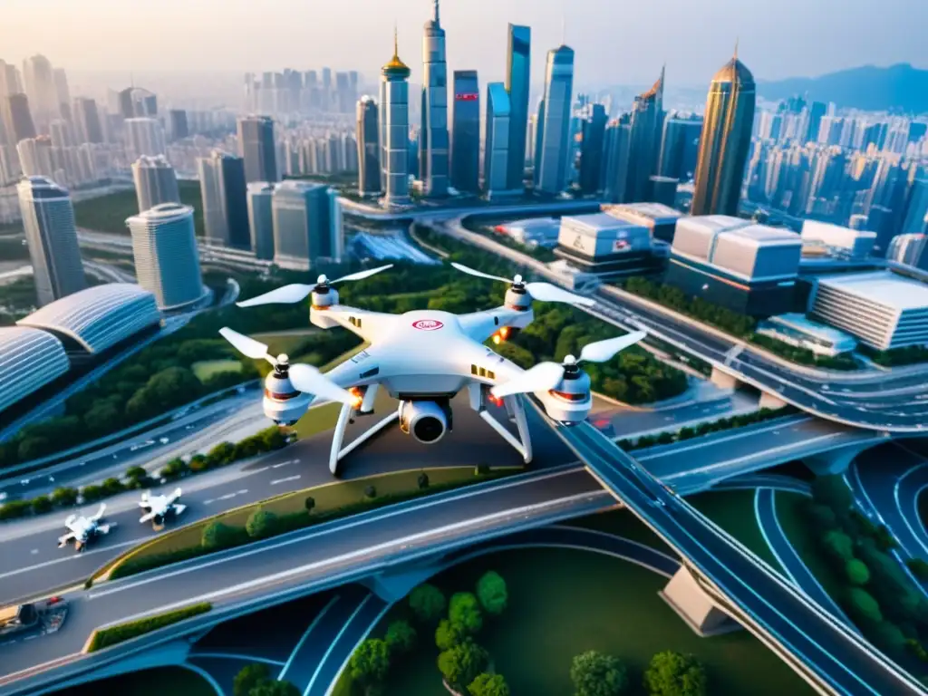 Drones asiáticos conquistan el cielo de una ciudad llena de rascacielos y autopistas, mostrando una red avanzada de entrega con drones en acción