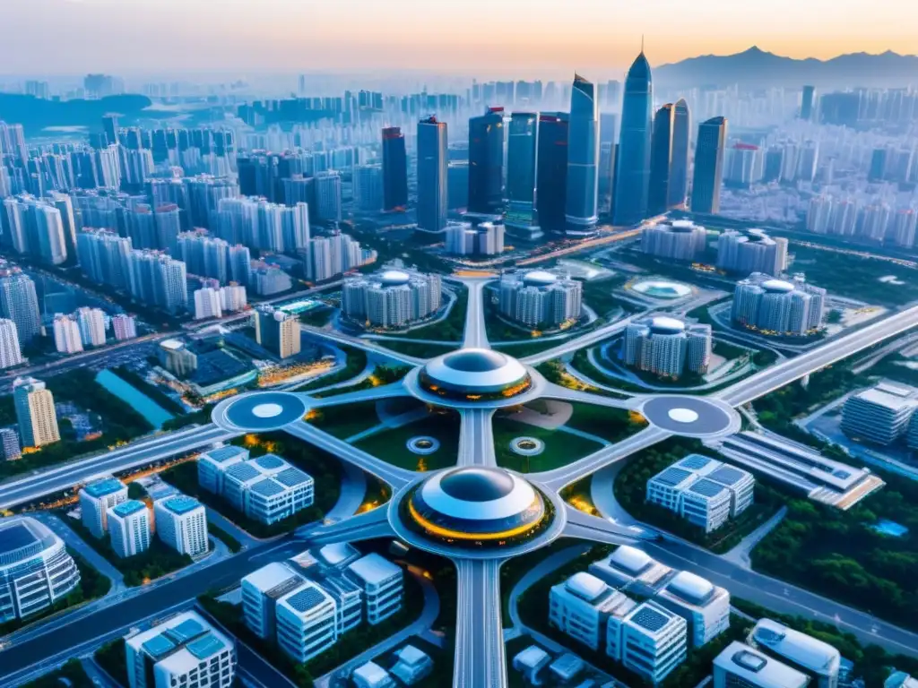 Drones asiáticos conquistan el cielo sobre una metrópolis futurista, fusionando tradición y tecnología innovadora en Asia