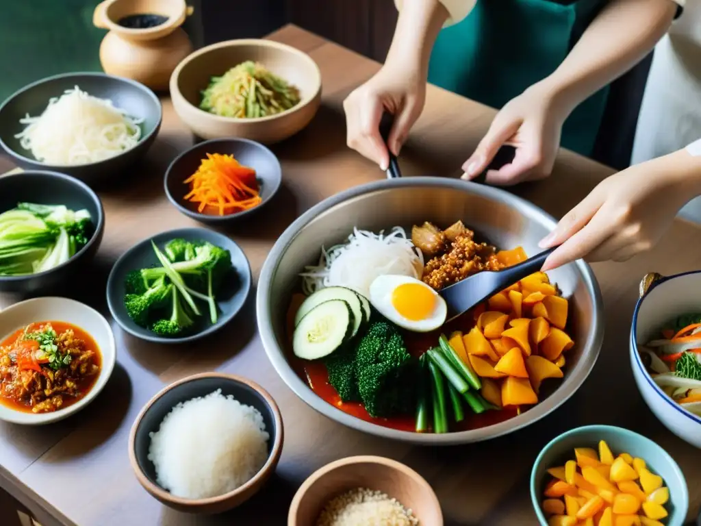 Duelo encurtidos coreanos sabores: Preparación artesanal de kimchi y kakdugi en una cocina tradicional coreana con ingredientes y utensilios variados