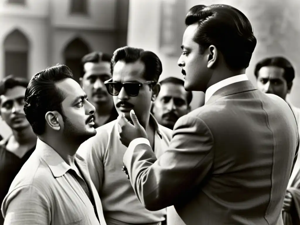 Guru Dutt dirige una escena en un set de cine, vistiendo atuendo tradicional