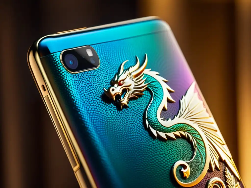 Edición especial de smartphone con detallados motivos de dragones, reflejando lujo y exclusividad en sus materiales y diseño