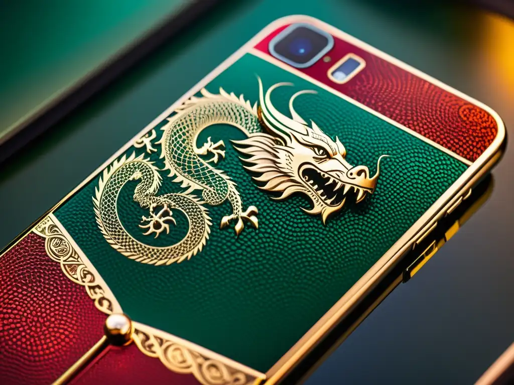 Ediciones especiales smartphones dragones: Detalle del smartphone con engravings de dragón y acabado iridiscente en tonos esmeralda y carmesí