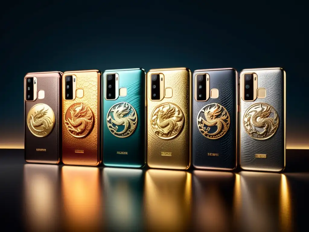 Ediciones especiales smartphones dragones: Línea de smartphones con intrincados motivos de dragón, destacando su exclusividad y detalle artesanal