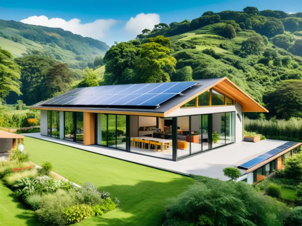 Un edificio sostenible asiático rodeado de naturaleza, con paneles solares y sistemas de recolección de agua