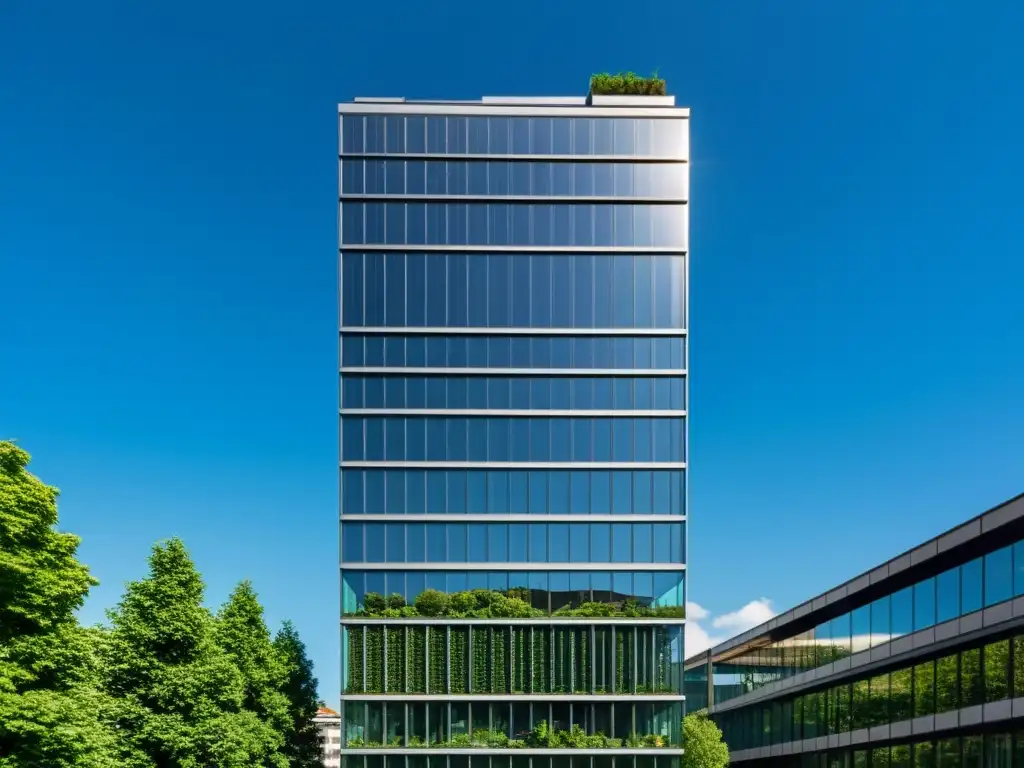 Edificio Tamedia en Zurich, Suiza, con arquitectura sostenible, paneles solares y vegetación, en armonía con el cielo azul