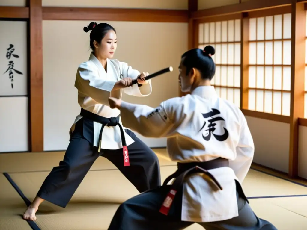 Educadores practican Aikido en un dojo sereno, reflejando principios de armonía y disciplina