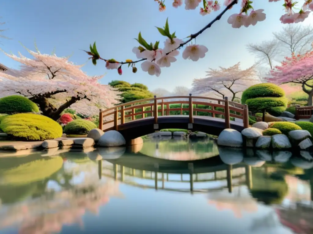 Representación del efímero arte japonés de la sakura en una imagen de pétalos de cerezo flotando en un hermoso jardín tradicional japonés