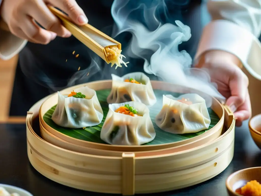 Elaboración de dim sum de lujo: Un chef hábilmente prepara dim sum con maestría, creando exquisitez culinaria en un ambiente vibrante y detallado