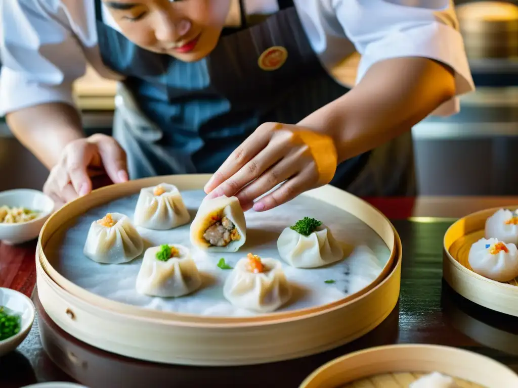 Elaboración de dim sum de lujo: Chef experto plisando delicadas envolturas con precisión, creando formas intrincadas