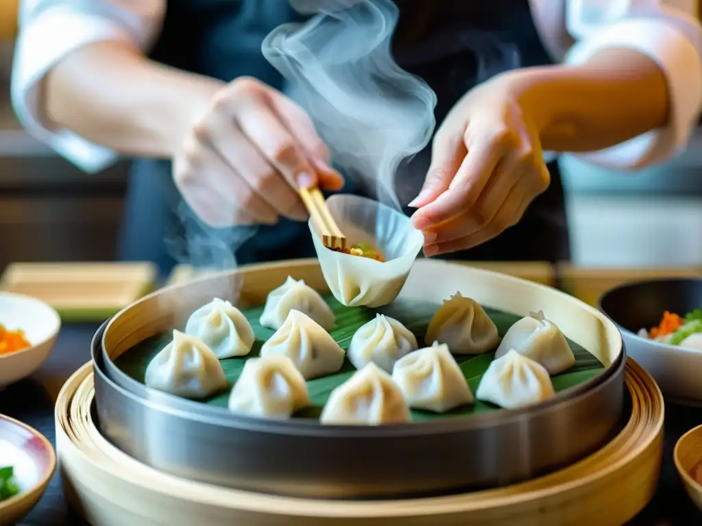 Elaboración de dim sum de lujo: Un chef experto da forma a los exquisitos dumplings con destreza y cuidado en una atmósfera etérea de cocina vibrante