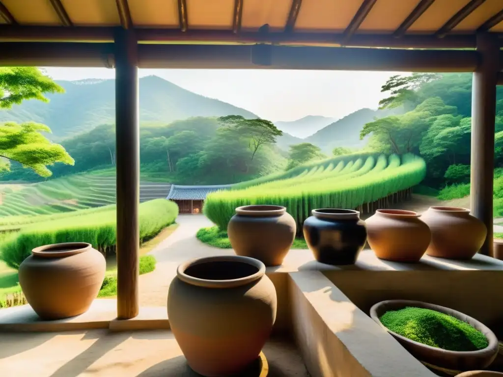 Destilería tradicional coreana de Soju en la naturaleza Elaboración tradicional del Soju coreano en una destilería rodeada de naturaleza exuberante y trabajadores expertos bajo la cálida luz del sol