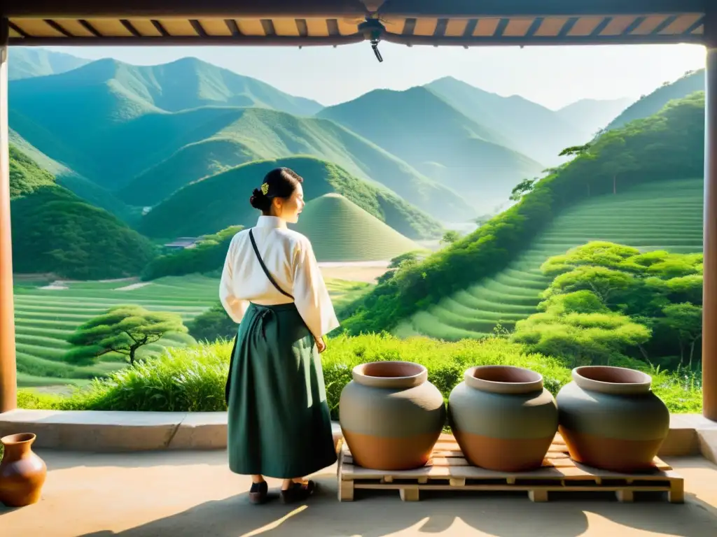 Destilería tradicional coreana: maestro destilador y paisaje natural Elaboración tradicional del Soju coreano: Maestro destilador cuidadosamente elaborando Soju en una destilería rodeada de naturaleza y montañas