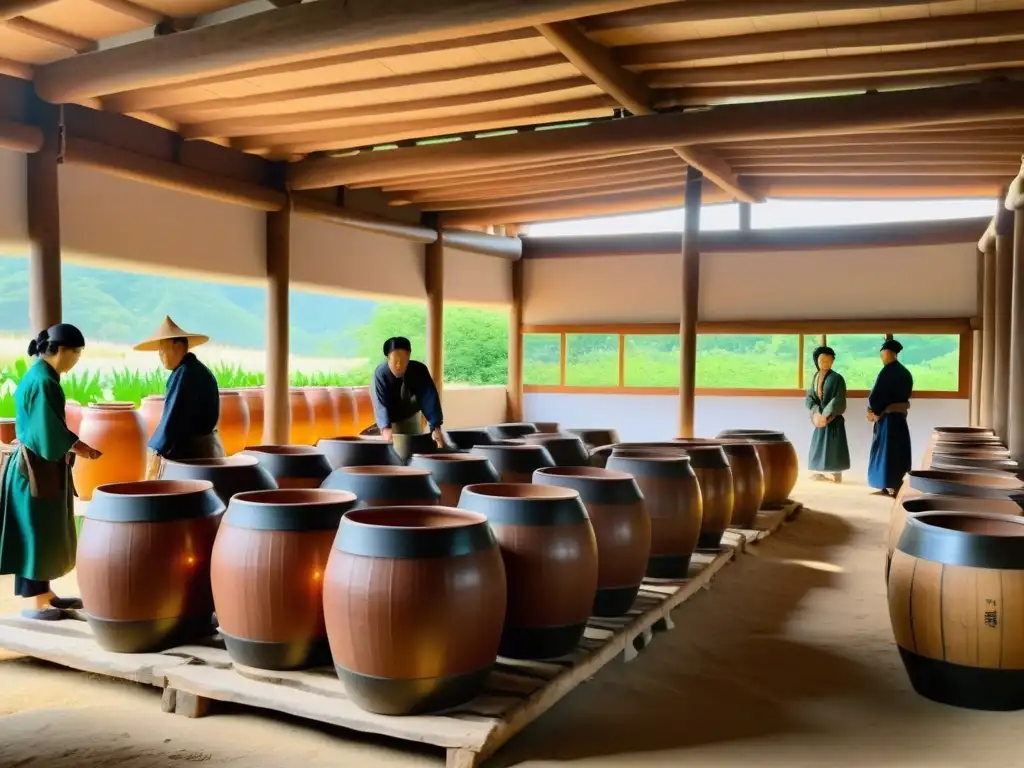 Producción artesanal de Soju: tradición y cuidado en una destilería coreana Elaboración tradicional del Soju coreano en destilería de barro con trabajadores cuidando el proceso meticulosamente bajo la cálida luz del sol