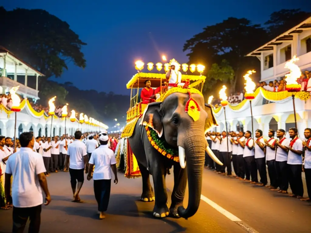 Elefante adornado en el Festival de Kandy Esala Perahera, Sri Lanka, noche de antorchas y cultura vibrante