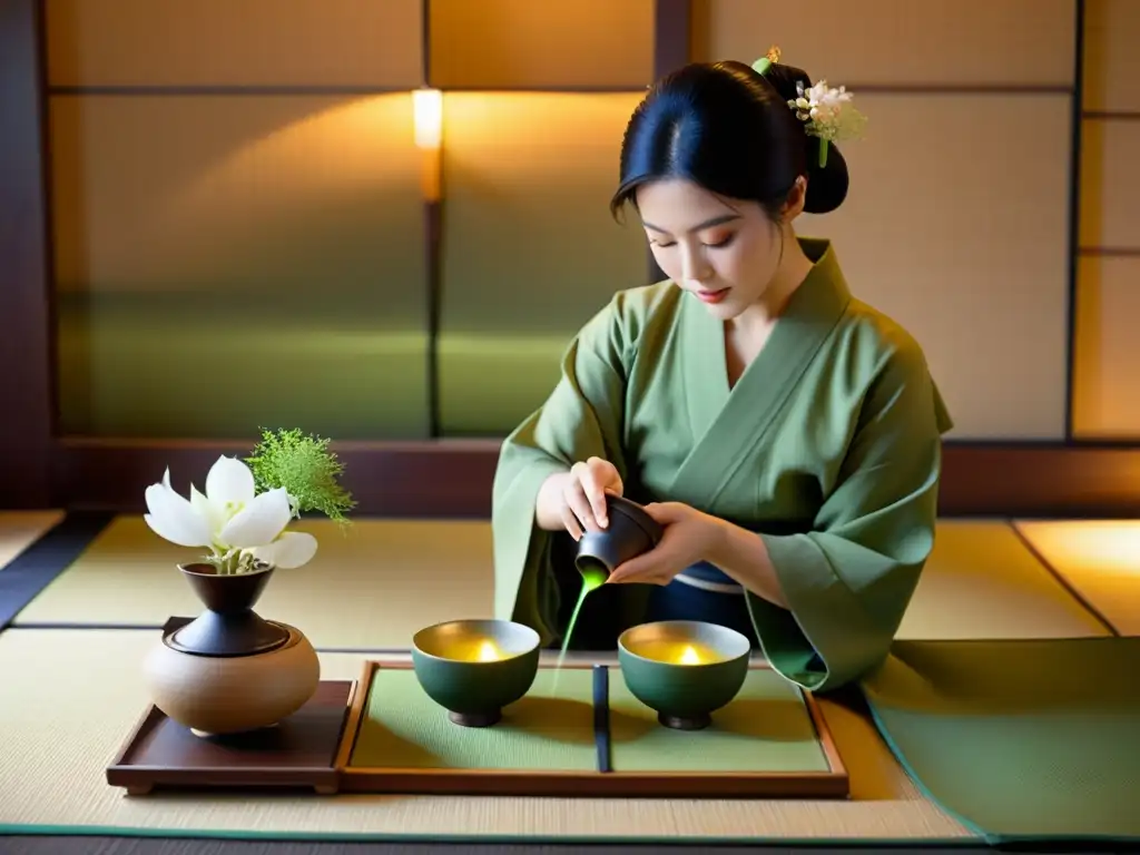 Interpretación de 'La elegancia del erizo' en Japón: Ceremonia del té japonesa en sala serena con kimono, matcha y arreglos florales