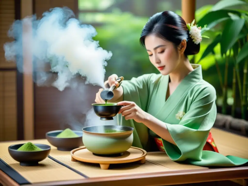 Una elegante anfitriona vierte matcha en un cuenco durante una ceremonia de té japonesa, rodeada de utensilios y elementos naturales