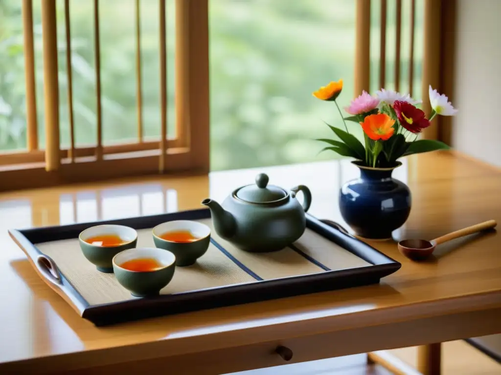 Una elegante ceremonia del té coreano tradicional en una mesa de madera con delicado juego de té de porcelana, tazas pequeñas y batidor de té de bambú, acompañado por una exquisita decoración floral y un paño de lino, bajo una suave luz natural