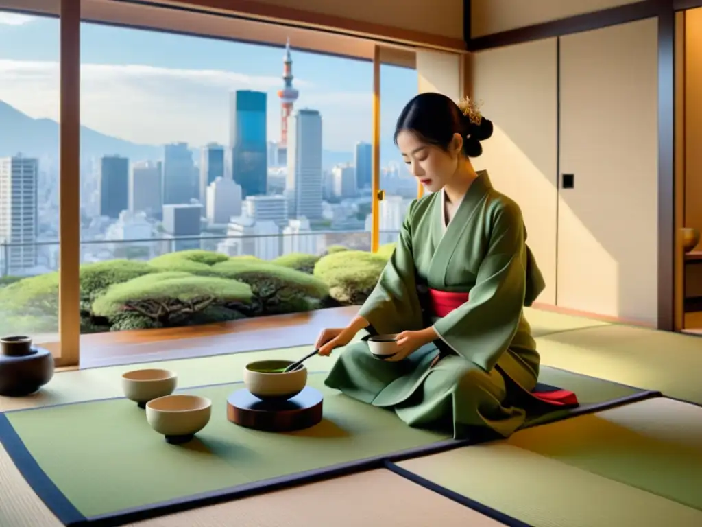 Ceremonia del té japonesa: tradición y modernidad en Tokio Una elegante ceremonia del té japonés en una sala de tatami, con una anfitriona en kimono vertiendo matcha mientras se contrasta con el paisaje urbano de Tokio