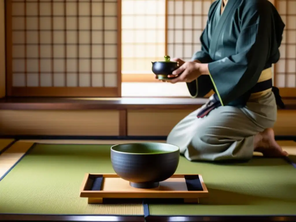 Una elegante ceremonia del té japonés en una serena habitación tatami, resaltando la belleza visual del cine asiático contemporáneo