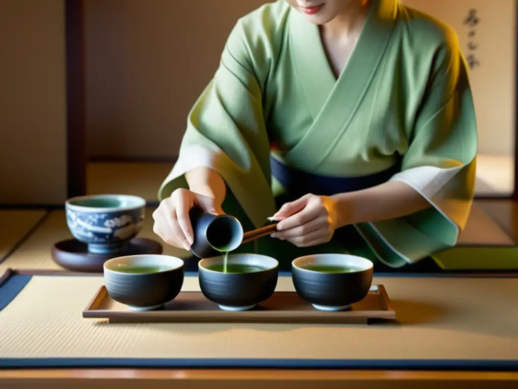 Una elegante ceremonia del té japonesa en una sala de tatami, capturando la belleza de las tradiciones japonesas