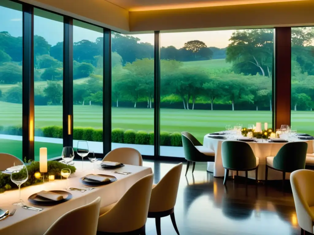 Un elegante comedor con vista a paisaje verde, mesas impecables y luz dorada