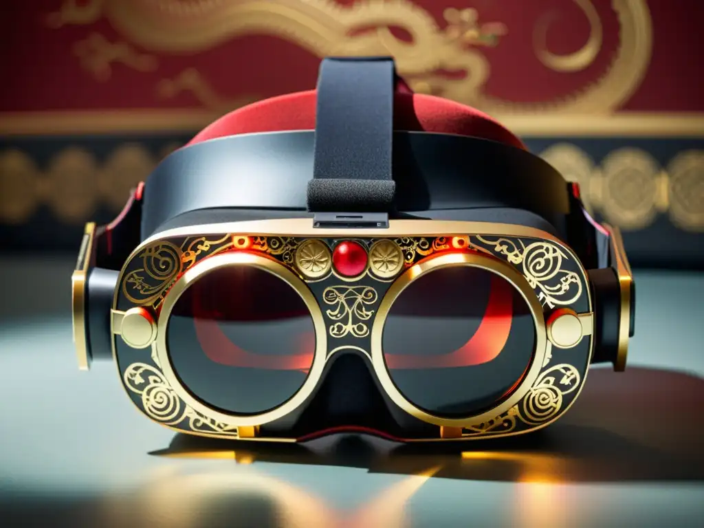 Un elegante diseño de gafas de realidad virtual asiática, fusionando innovación y tradición con motivos asiáticos detallados en negro, dorado y rojo