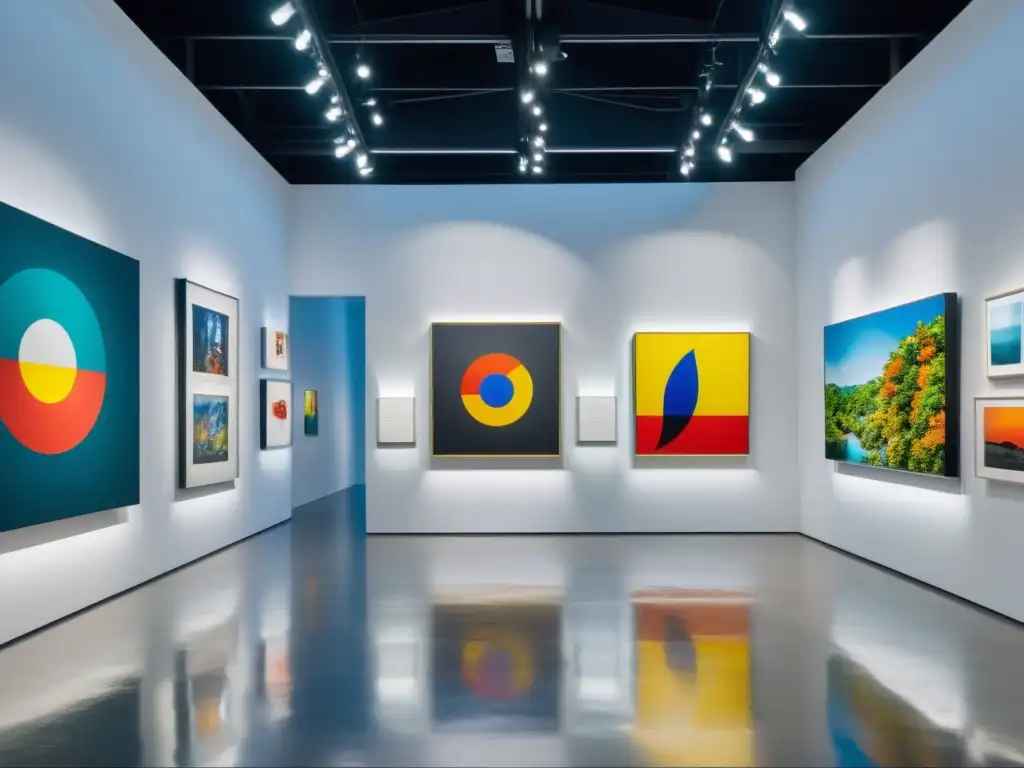 Un elegante espacio de galería de arte contemporáneo con influencia del arte asiático en Occidente, exhibiendo piezas innovadoras y coloridas en un ambiente sofisticado y minimalista