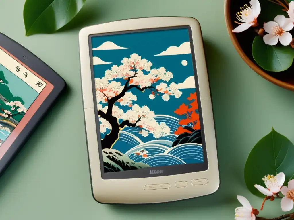 Un elegante ereader con estampado de Ukiyoe, rodeado de libros ilustrados y una acogedora luz de lectura